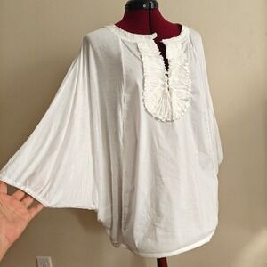 BCBGMAXAZRIA Top Blouse Tunic White Ruffle Neck Dolman Sleeve Relaxed Oversized